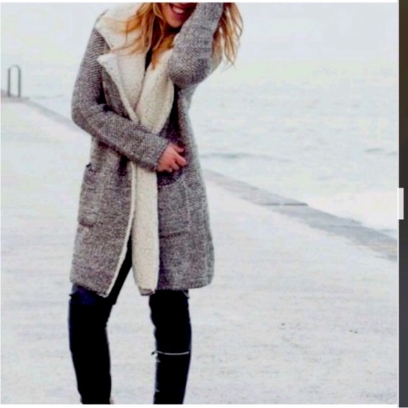 ZARA Knit Melange Long Sweater Coat Sherpa Collar Pockets - Picture 1 of 7